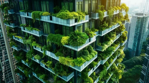 A sustainable building in the city with greenery on the balconies, creating an eco-friendly urban environment taken from above and captures the whole facade of the skyscraper