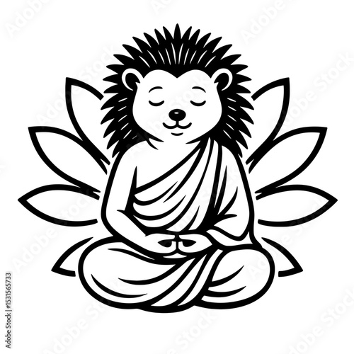 A serene vector illustration features a meditating hedgehog seated in lotus pose, embodying tranquility and mindfulness amidst a backdrop of stylized lotus petals.