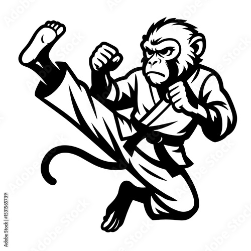 A martial arts monkey in mid-kick, capturing the dynamic energy and focused determination. A creative, illustrative representation in striking black and white. vector illustration