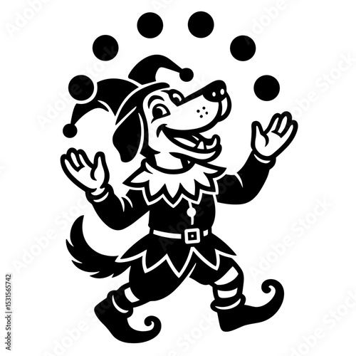 An Illustration of a whimsical canine juggling various balls, wearing a jester's outfit. The jovial atmosphere is palpable.