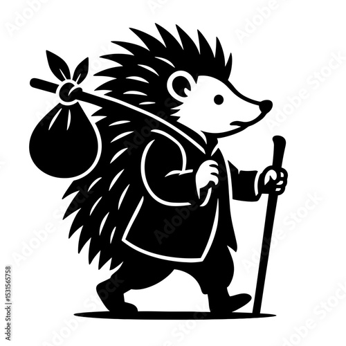 A whimsical vector illustration of a hedgehog embarking on a journey, personifying a sense of adventure and self-discovery with a backpack and walking stick.