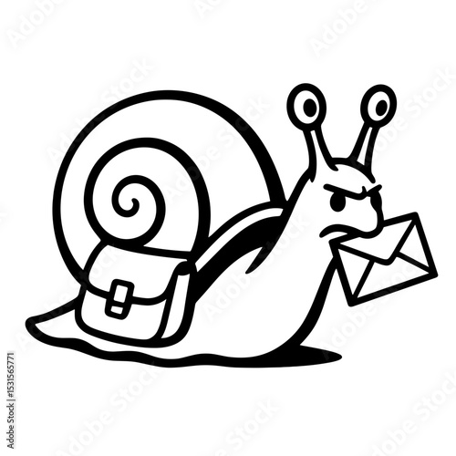 An expressive snail carries mail, showcasing determination and a touch of humorous frustration with a black and white outline. vector illustration