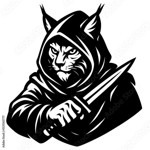A stealthy, hooded cat-like creature, embodies a sense of mystery and danger as it clutches a gleaming dagger, it could be a logo or design element for games or other ventures.