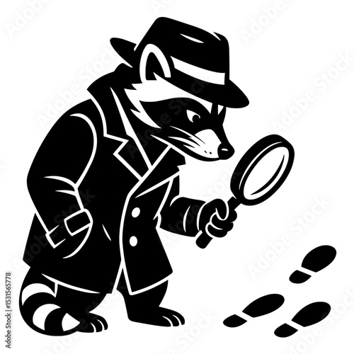 A clever raccoon detective, meticulously examining clues through his magnifying glass. An intriguing design, evoking mystery. vector illustration