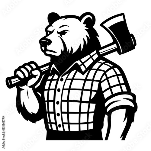 A formidable bear, embodying strength and the spirit of the wilderness, is depicted in a striking black and white style. A strong bear, with an axe over shoulder, confidently and resolutely. 
