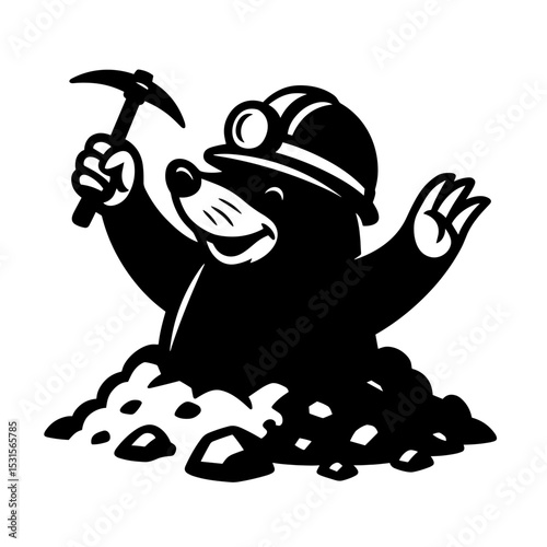 A cartoonish mole, with its round body and cheerful expression, enthusiastically emerges from the earth. It proudly brandishes a pickaxe and wears a miner's helmet.