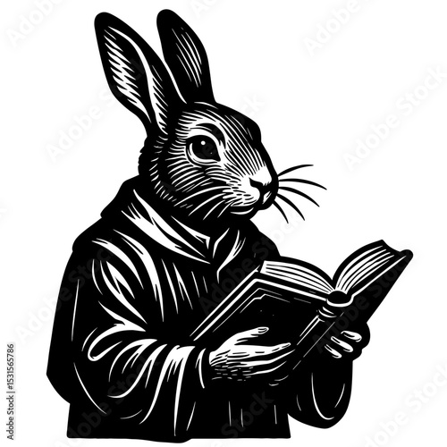 A whimsical vector illustration depicts a scholarly rabbit, dressed in a robe, absorbed in the pages of a book, creating a sense of studiousness.