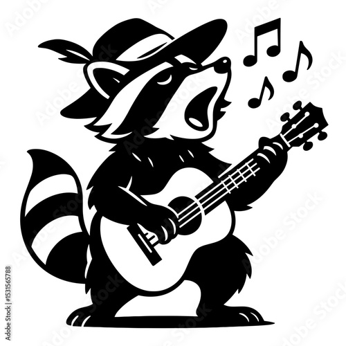 A musically inclined raccoon serenades with heartfelt melody, playing a guitar and singing a song of joy and passion. vector illustration