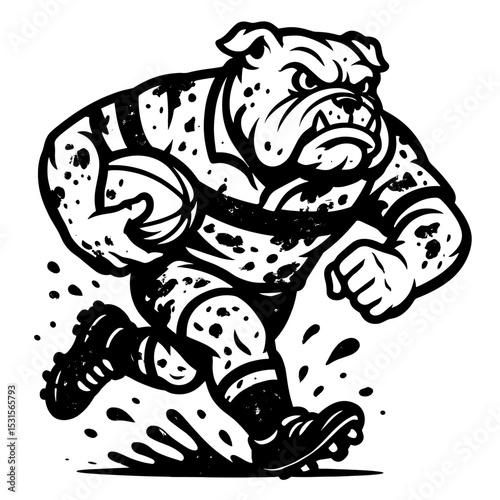 An athletic bulldog embodies the spirit of competition as it charges down the field, holding the rugby ball, embodying strength, determination, and the thrill of sport.