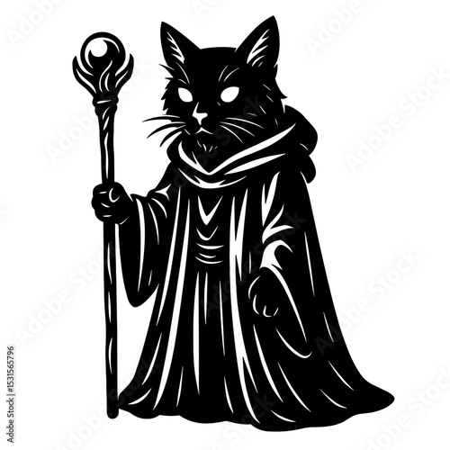 Mysterious black cat wizard, mystical staff with dark robe magical creature. vector illustration