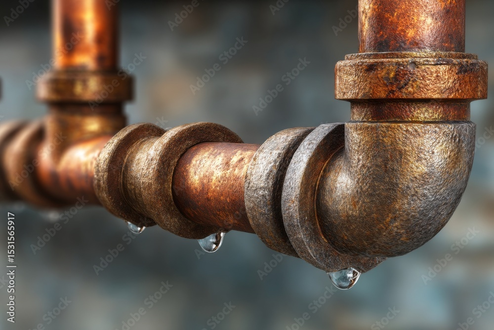 Detailed Close-up of Old Leaky Copper Plumbing with Water Droplets Hanging Detailed Close-up of Old Leaky Copper Plumbing with Water Droplets Hanging