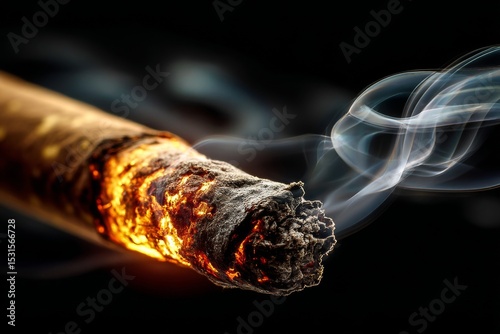 Glowing cigar with smoke curling on a dark black background