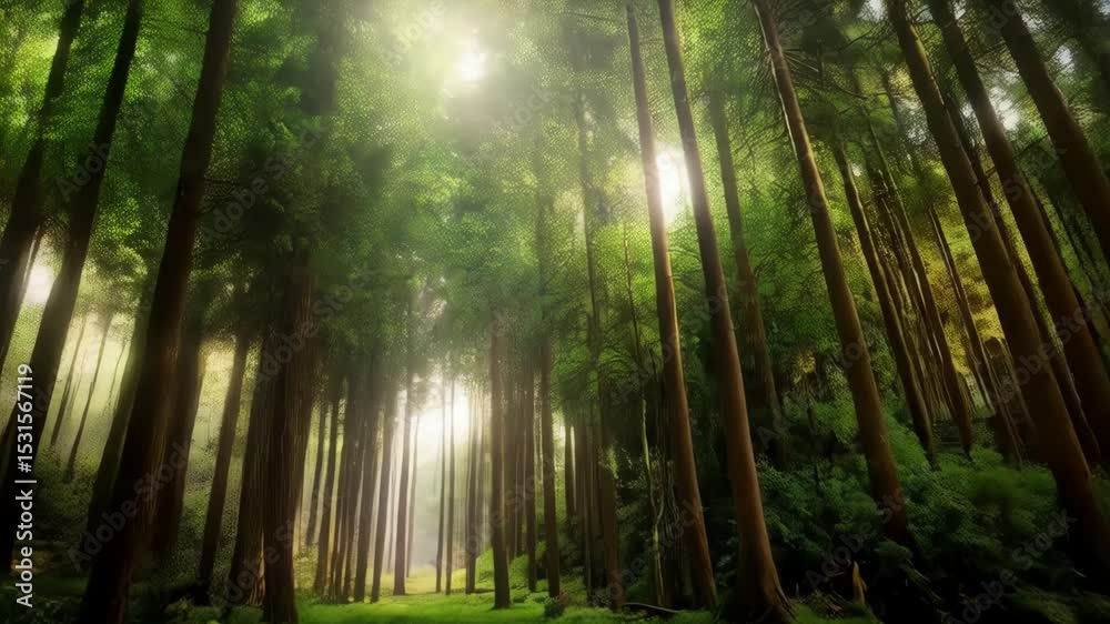 Sunlight streams through tall trees in a tranquil forest with lush green ground cover, creating a serene and natural scene