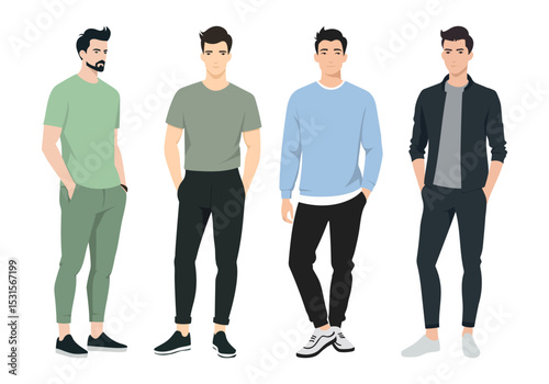 Stylish Men in Different Outfits. A set of fashionable men dressed in various outfits, including casual, formal, and street-style looks.