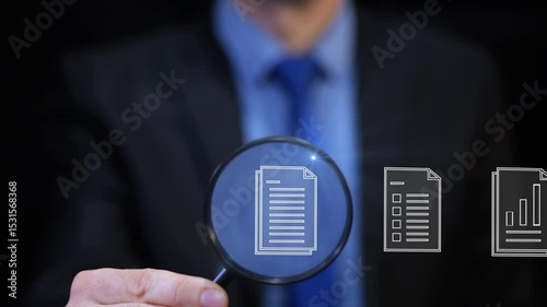 Businessman with magnifier reviewing workflow document, symbolizing quality control and approval process