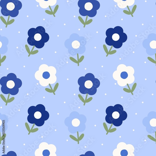 A charming seamless pattern of blue and white flowers with dots on a light blue background. Ideal for kids' textiles, nursery decor, and digital designs.
