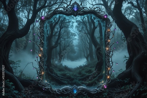 Dark Forest Reflected In Ornate Mirror	