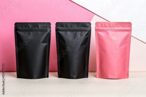 Kraft and Black Stand Up Pouches Mockup on Pink and White Background – Ideal for Modern Product Packaging and Branding.