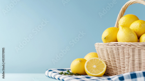 Fresh lemons in woven basket on checkered cloth against blue background  