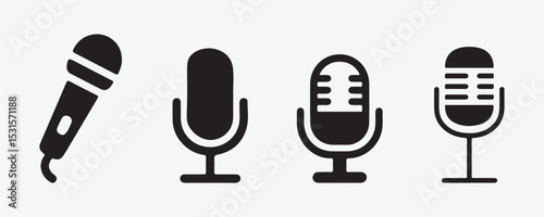 Microphone Icons Set of Podcast, Karaoke, and Audio Mic Vector in Silhouette Style on White Background