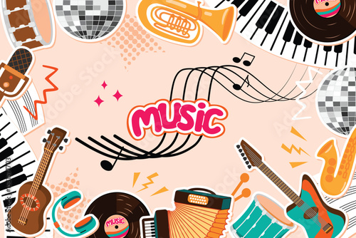 Music banner template with disco ball, vinyl record, microphone, headphones, notes, strings, wind and keyboard musical instruments. Blue, yellow, brown and pink colors. Vector cartoon illustration.