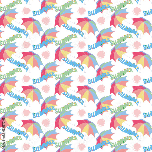 Seamless pattern with multi-colored umbrella, sun and inscription - summer.eps