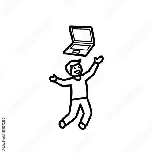 Happy person celebrating remote work success with a laptop