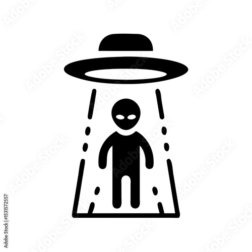 Alien silhouette emerging from UFO with beam of light above  