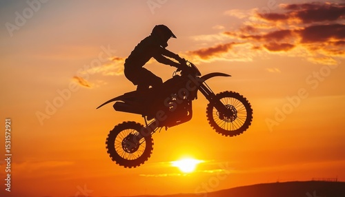 Silhouette of a motocross rider jumping against a vibrant sunset sky with scattered clouds