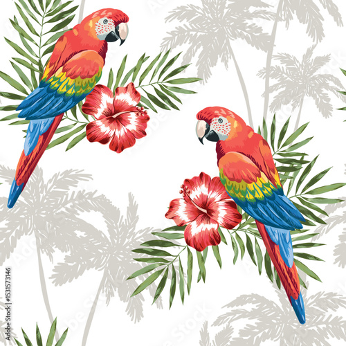 Tropical macaw parrots, palm trees silhouettes, hibiscus flowers, leaves, white background. Vector seamless pattern. Floral illustration. Exotic plants, birds. Summer beach design. Paradise nature