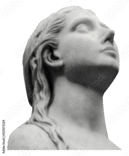 ancient female statue head looks upward isolated halftone vintage dots texture cut-out retro collage element for mixed media design
