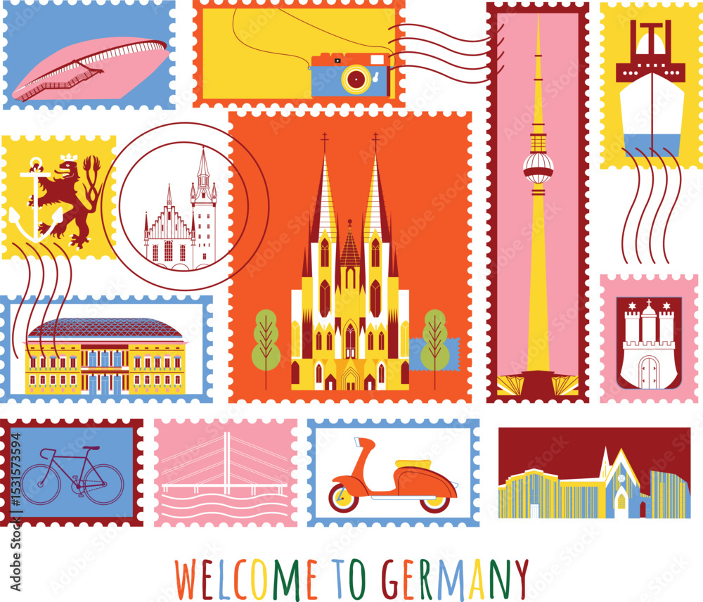 Fototapeta premium Welcome to Germany branding technology concept. Collection of flat vector web icons. Post stamp culture travel set, famous architectures, specialties detailed silhouette. European famous landmark