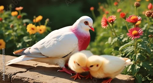 Mother dove with her adorable chicks in a vibrant floral garden on a sunny day