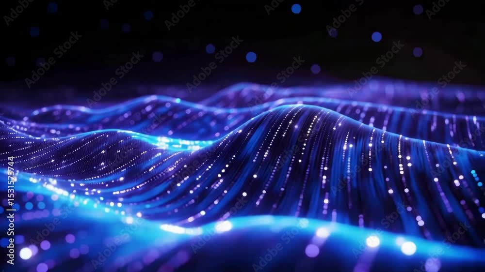Abstract blue and violet glowing light waves and dots with bokeh effect on dark background. Perfect for digital interfaces, presentations, and modern visual effects.