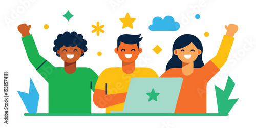Happy diverse team celebrating success with laptop