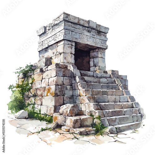 watercolor vector of Mayan Ruins, isolated on a white background.