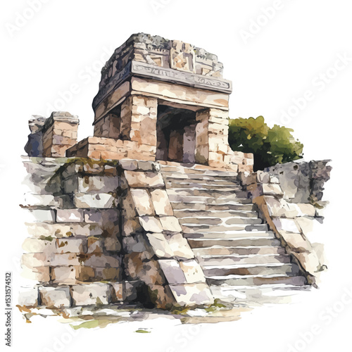 Mayan Ruins, watercolor painting vector, isolated on a white background.