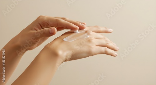 Close-up of hands applying moisturizing cream, soft lighting, minimal skincare concept, clean background, self-care and wellness theme photo