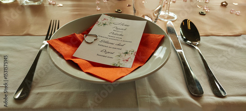View of the wedding menu on a decorated wedding table
