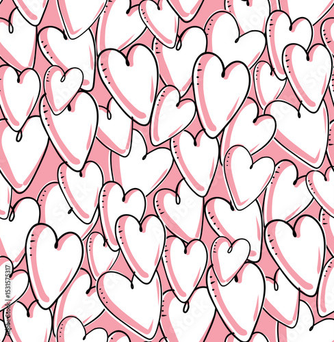 Seamless vector pattern with playful hand-drawn hearts, white pink  black outlines print. Fun romantic ornament, cartoon-style design  for Valentine’s Day, fabric, stationery, wrapping paper, textile