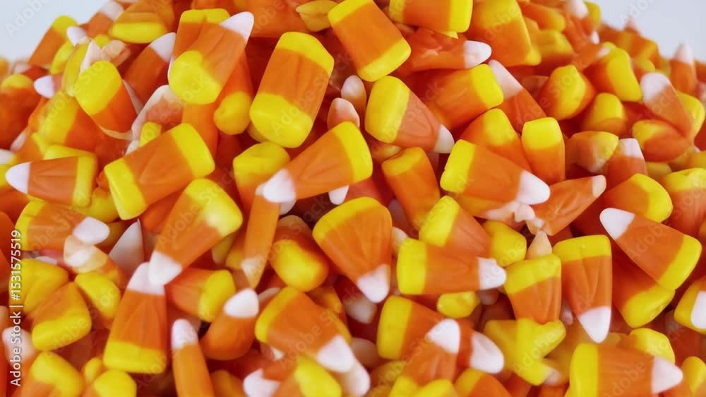 Overhead shot showing a heap of Halloween candy corn with traditional white, orange and yellow color scheme, and pointed shape.