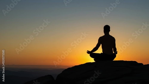 Man meditating in a cross-legged position during sunset  