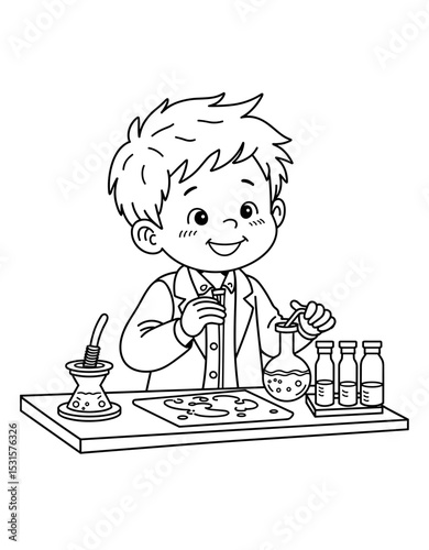 Young boy conducting science experiment with beakers and equipment - Concept of Back to School - coloring page for kids 5 - 8 years old  