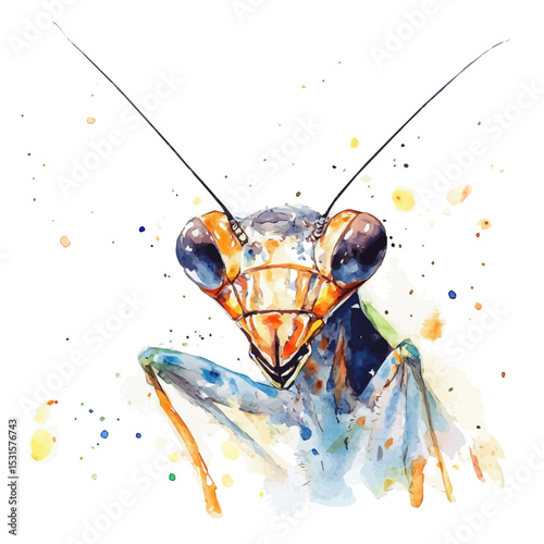 watercolor of Mantis Close Up, vector, isolated on a white background.