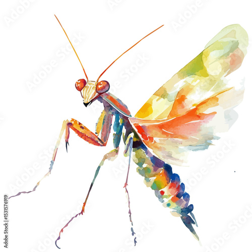 Mantis Close Up, watercolor painting vector, isolated on a white background.