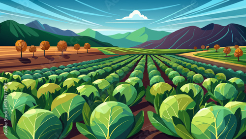 cabbage plantations grow in the field. vegetable rows. farming, agriculture. Landscape with agricultural land. crops. selective focus