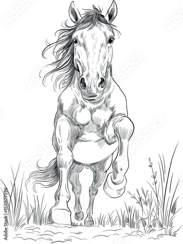 Black and white drawing of a running horse on the grass. graphic illustration of a horse running straight at the viewer. A hand-drawn black pencil drawing of a horse running through the grass.