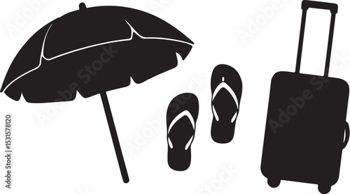 Black and white silhouette of summer vacation essentials including beach umbrella luggage and sandals