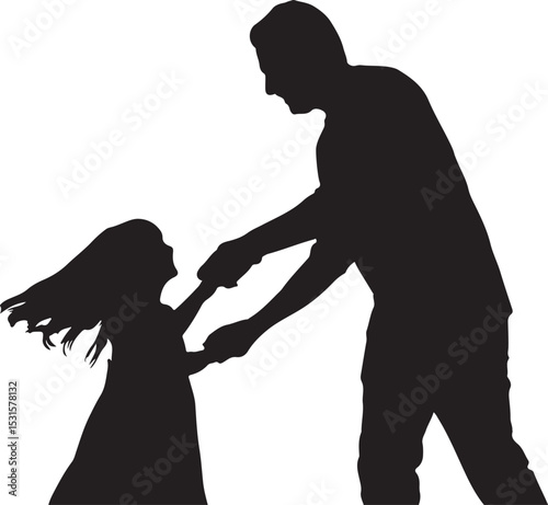 Silhouette of father and daughter playing together holding hands and having fun