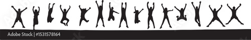 Silhouettes of people jumping with joy and excitement on a white background